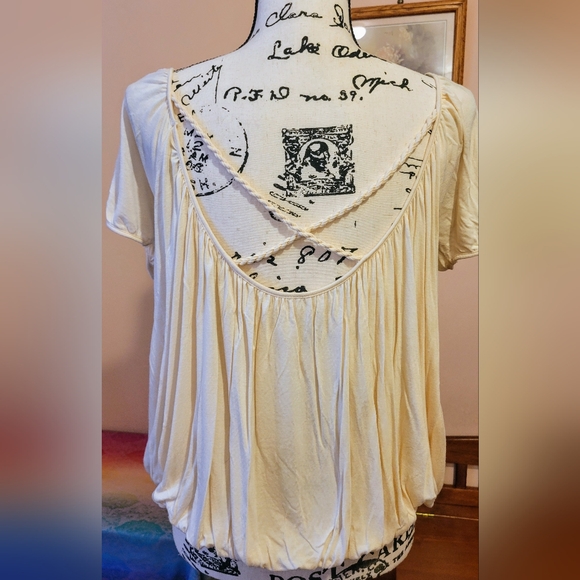 Free People Ann's Ruched Top in Tea, Boho, Scoop Neck, Criss-cross Back, EUC, M - Picture 10 of 13